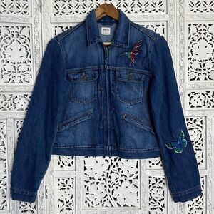 GAP Embroidered‎ Butterfly And Hummingbird Zip Up Cropped Denim Jacket Sz Medium